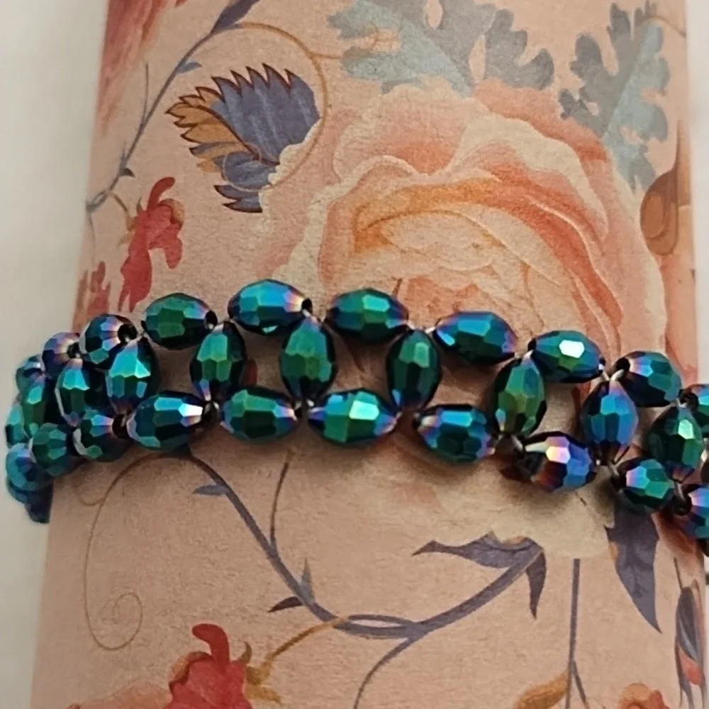 Vintage Brass Wire Woven Iridescent Green Faceted Beads Toggle Clasp